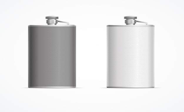 Realistische gedetailleerde 3D-metalen heupfles set voor alcohol drinken geïsoleerd op een witte achtergrond Vectorillustratie van heupfles