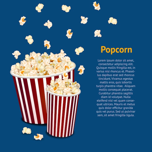 Vector realistische gedetailleerde 3d popcorn snack in gestreepte emmer kaart cinema film fast food vector illustratie