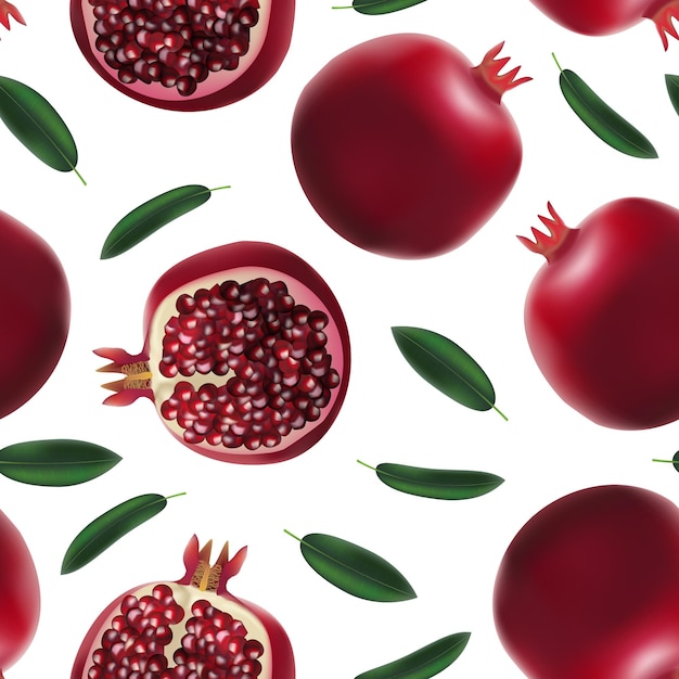 Vector realistische gedetailleerde 3d-rode verse hele granaatappel met zaden en halve gezonde vruchten naadloze patroon achtergrond op een witte vectorillustratie van natuurlijke zoete