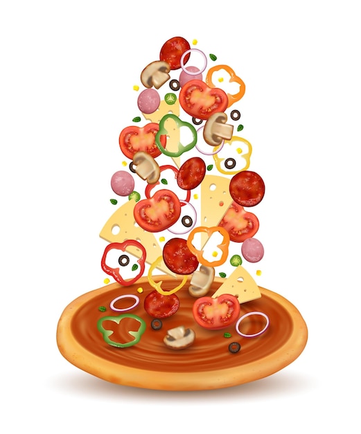 Realistische gedetailleerde 3D vliegende ingrediënten Pizza Set Vector