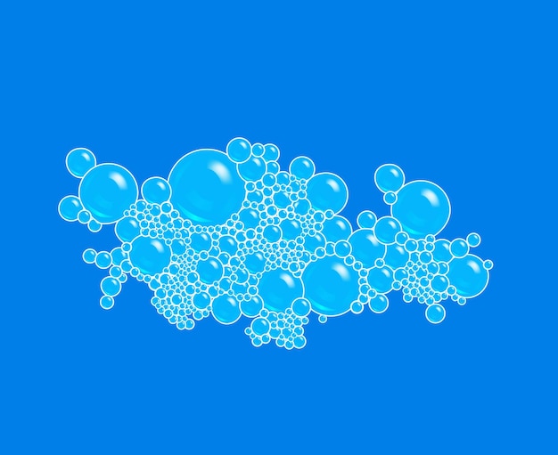 Realistische gedetailleerde 3D zeep schuim op een blauwe achtergrond Decoratief element Vector illustratie van vers bubbelwater