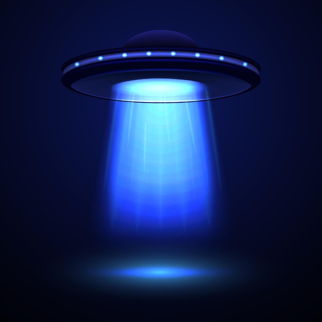 Realistische gedetailleerde aliens ruimteschip of ufo met een lichtstraal op een blauwe concept van invasie vectorillustratie van kosmische schip vliegende schotel