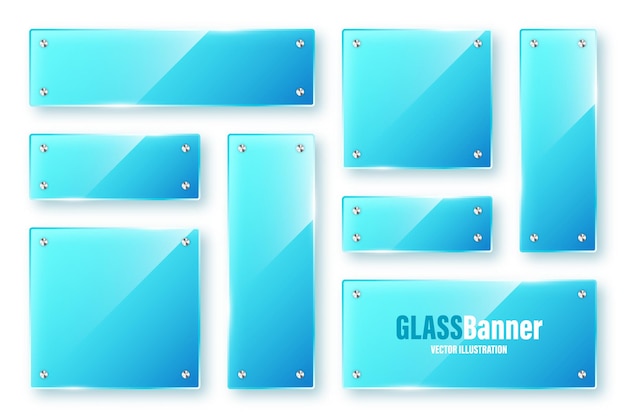 Vector realistische geïsoleerde glazen frames collectie blauwe transparante glazen banners met flares en highlights