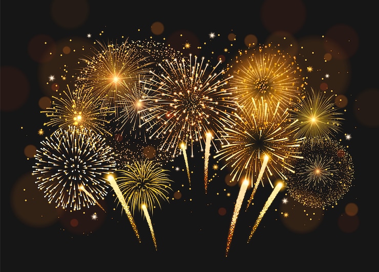 Vector realistische glanzende vuurwerk achtergrond op donkere hemel voor een feestelijke dag