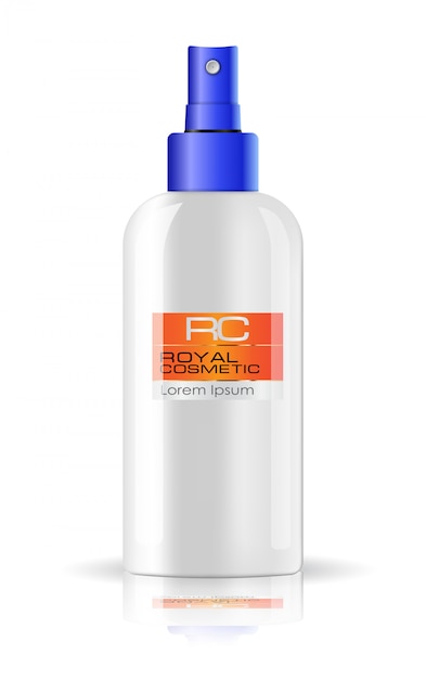 Realistische glanzende witte spray, cosmetische fles met blauwe dop