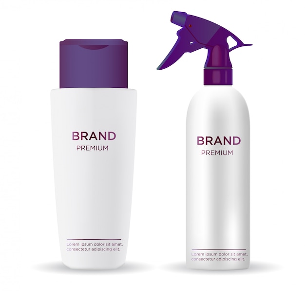 Realistische glanzende witte spray cosmetische fles set met violet dop, deksel en spray pomp.