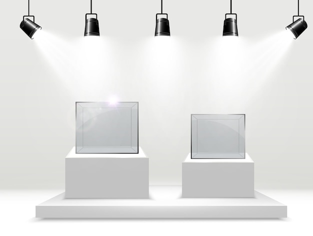Realistische glazen doos of container op een witte standaard Vectorillustratie