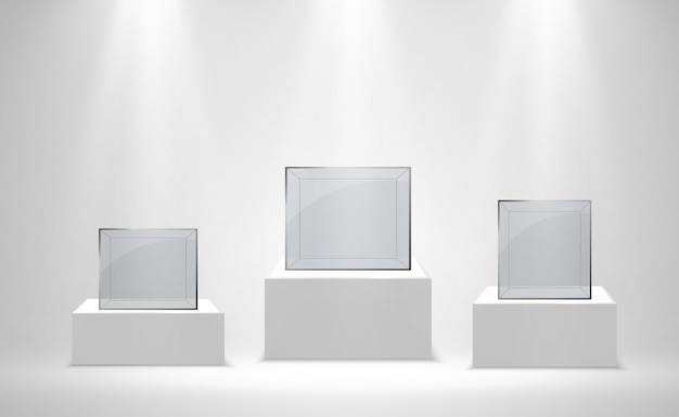 Realistische glazen doos of container op een witte standaard.