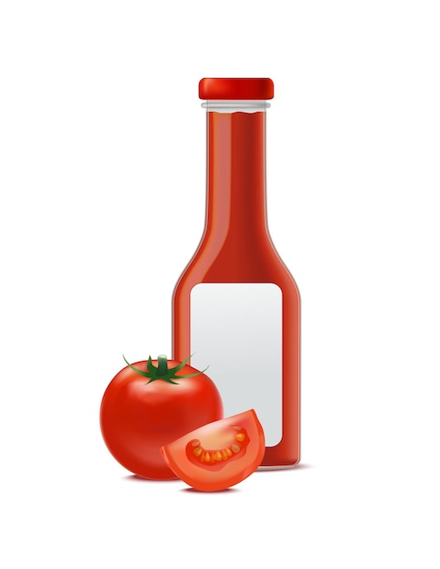 Vector realistische glazen fles voor tomatensauzen of ketchup met gedetailleerde rode tomaat en segmentdelen fast food. vector illustratie