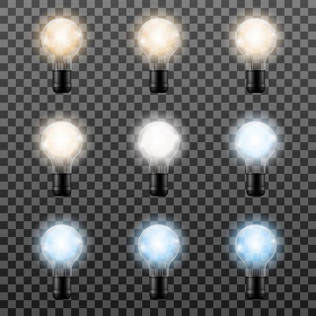 Vector realistische gloeilamp verschillende kleurtemperatuur geïsoleerd op transparante achtergrond, vectorillustratie