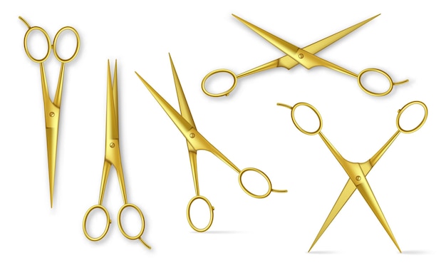 Vector realistische gouden metalen schaar gesloten en open briefpapier of kapsalon gouden schaar kapper tools bovenaanzicht geïsoleerde vector illustratie set