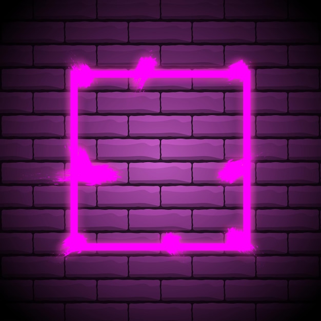 Realistische gradiënt neon grunge vierkante frame roze gekleurde lege sjabloon geïsoleerd op donkere bakstenen muur achtergrond geometrische gloed overzicht vorm of laser gloeiende lijnen vector glanzend object