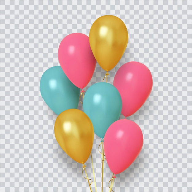 Realistische groep ballonnen van roze, blauw en goud