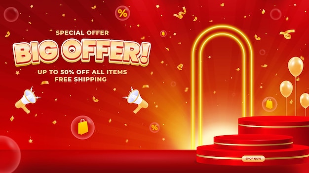 Realistische grote aanbod verkoop banner ontwerp sjabloon met podium om uw bedrijf te promoten