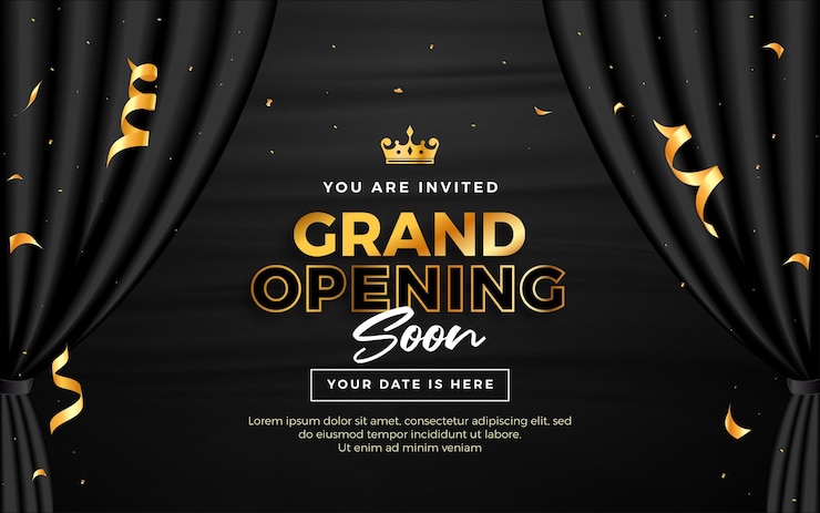 Vector realistische grote opening uitnodiging banner met zwarte gordijnen gouden elementen en 3d bewerkbare tekst effect