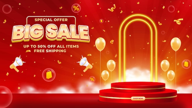 Realistische grote verkoop banner ontwerp sjabloon met podium om uw bedrijf te promoten
