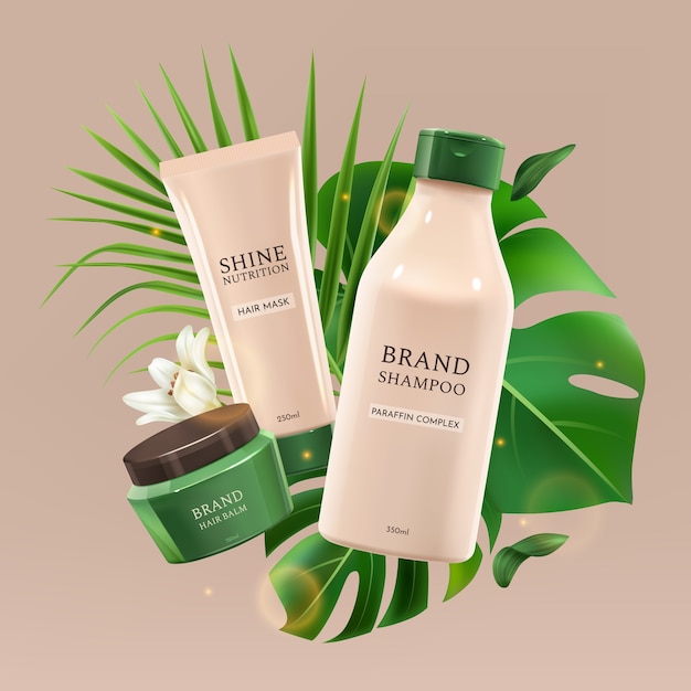 Realistische haarproducten samenstelling met cosmetische flessen en bladeren