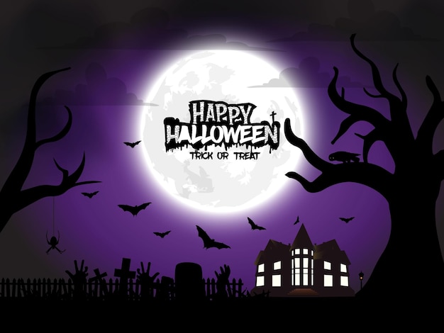 Realistische Halloween-nachtscène met graven en een mooie huisachtergrond