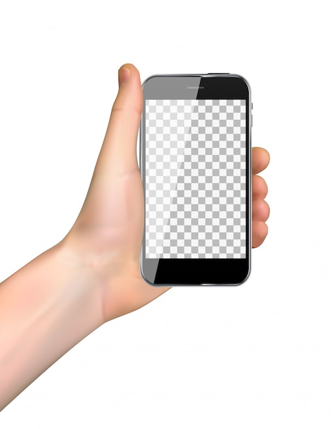 Vector realistische hand met mobiele telefoon geïsoleerd op wit