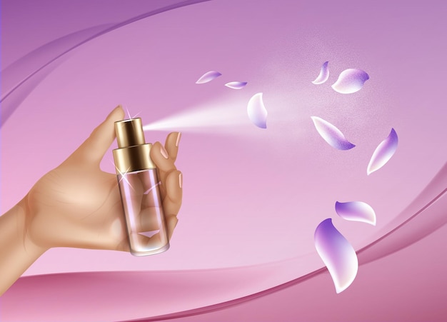 realistische hand met parfumspray op roze achtergrond