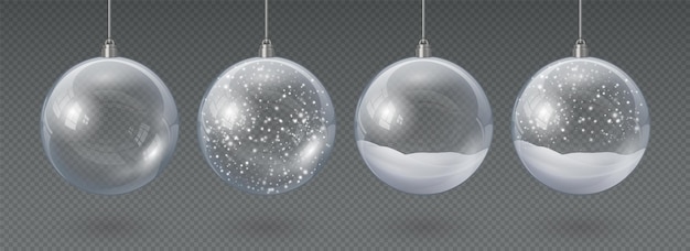 Realistische hangende glazen kerstballen leeg en met sneeuw. 3D kerstboom decoratie, transparante kristallen bol met sneeuwvlokken vector set. Xmas vakantie feest decor, bel met vallende sneeuw