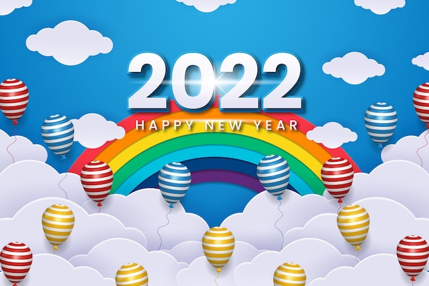 Realistische happy new year 2022 banner met ballonnen, wolk en regenboog. premium vector