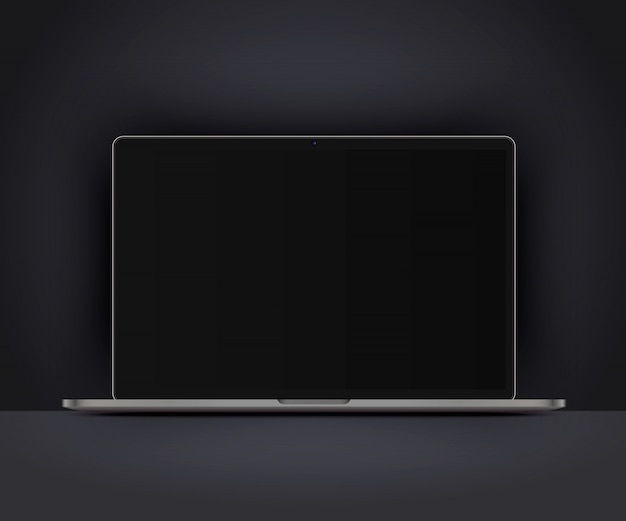 Realistische hoog gedetailleerde laptop in donkere stijl. laptop met zwart scherm