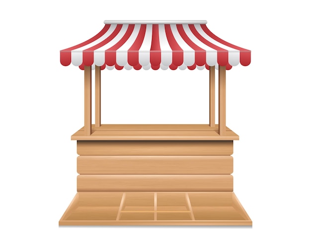 Realistische houten luifelkiosk met rood en wit gestreepte marktkraam beursstand marktkraam