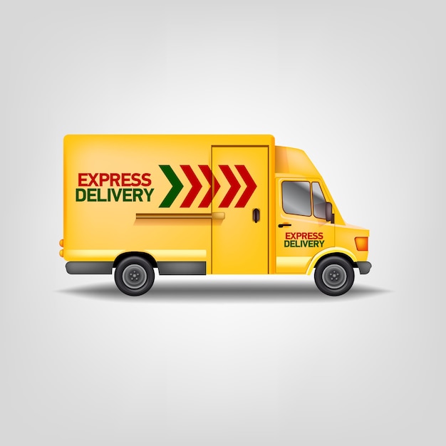 Vector realistische illustratie gele express auto. logistieke service truck sjabloon