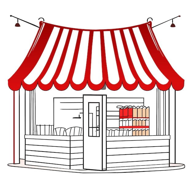 Vector realistische illustratie van een lege marktkraam met een rode en witte gestreepte luifel