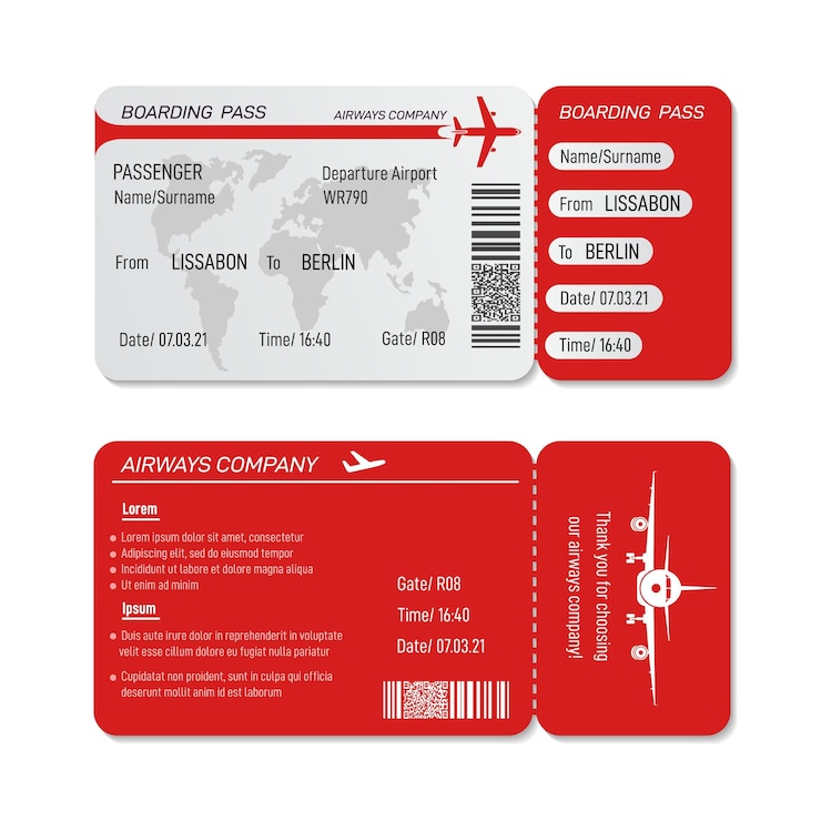 Vector realistische instapkaart vliegtickets vliegende reis namecard vliegtuig board kaarten geïsoleerde papieren ticket voor reizen of vakantie exacte vector sjabloon