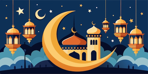 Vector realistische islamitische achtergrond met halve maan en lantaarn