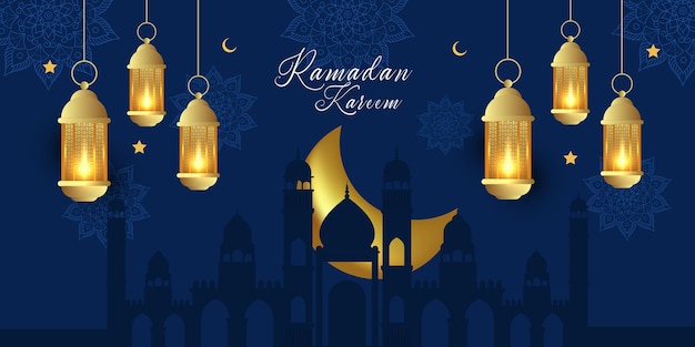 Realistische islamitische Ramadhan achtergrond met lantaarns met mandala ornament