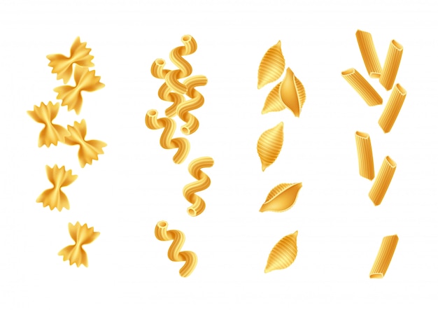 realistische Italiaanse pasta spaghettisoorten ingesteld. Farfalle, rigatoni, conchiglie en cavatappi.