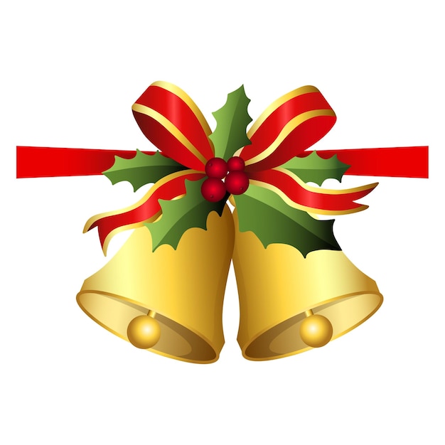 Realistische jingle bel kerstmis hangen op rood lint en holly bessen bladeren decoratie