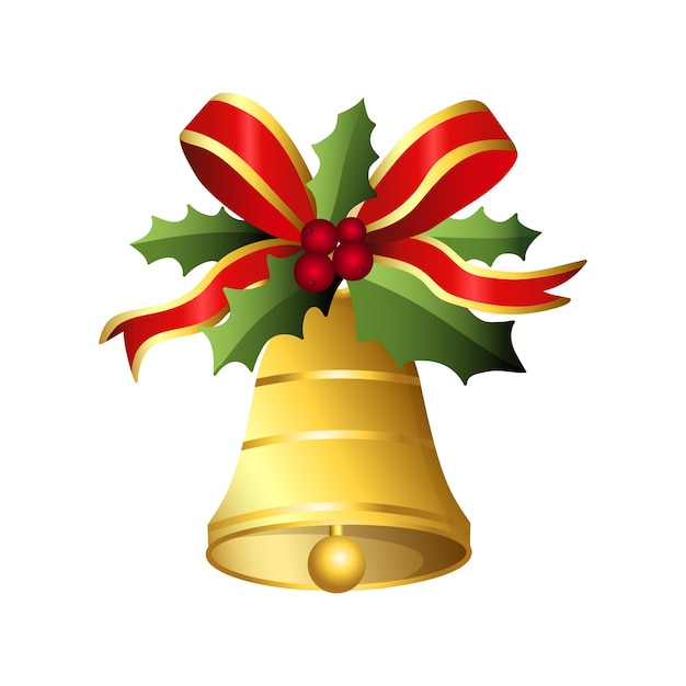 Realistische jingle bel kerstmis hangen op rood lint en holly bessen bladeren decoratie