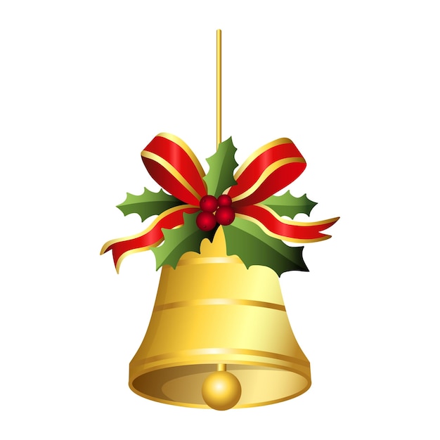 Realistische jingle bel kerstmis hangen op rood lint en holly bessen bladeren decoratie