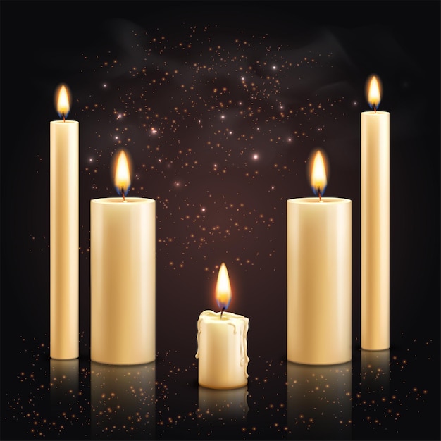 Vector realistische kaarsen met reeks verschillende kaarsen met vlam en lichte deeltjes op donkere oppervlakteillustratie