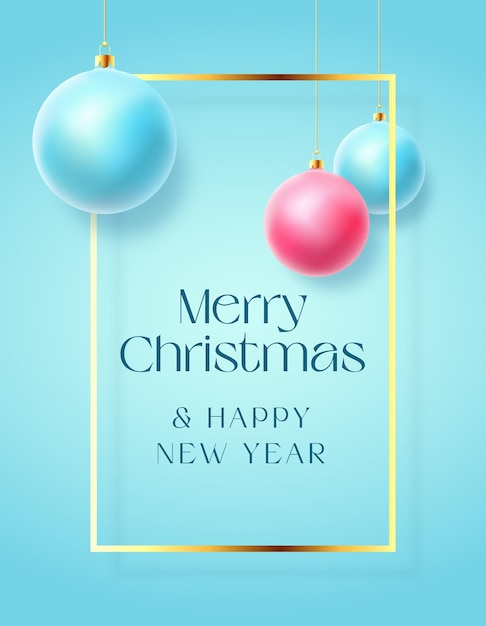 Realistische kerstballen op blauwe pastel achtergrond met moderne gouden glitter groeten frame sjabloon winter vakantie decoratie kaart of poster mockup nieuwjaar 3d bal sociale media banner