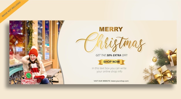 Realistische kerstbanner met witte en gouden decoratie