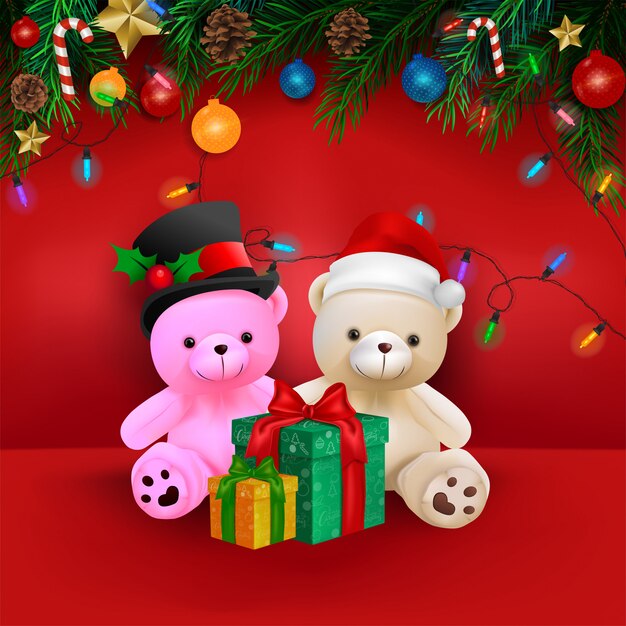 Realistische kersttakken, teddybeer en cadeau aanwezig