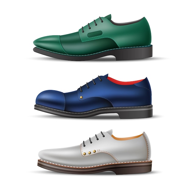 Realistische klassieke mannen schoenen soorten geïsoleerde mannelijke natuurlijke leren schoenen zijweergave verschillende vormen en kleuren groen blauw en grijs elegantie laarzen met 3D-elementen utter vector set