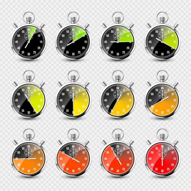 Vector realistische klassieke stopwatch glanzende metalen chronometer tijd teller met wijzerplaat kleurrijke aftelling timer