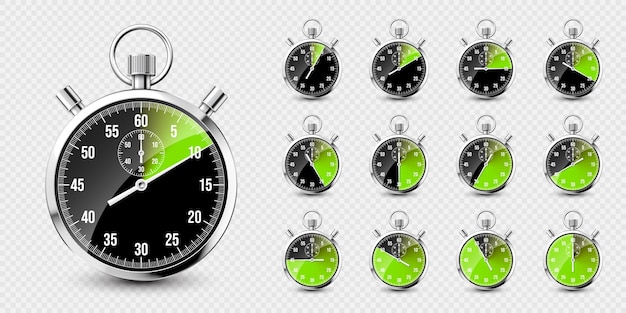 Vector realistische klassieke stopwatch glanzende metalen chronometer tijdteller met groene aftelling timer