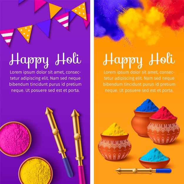 Realistische kleurrijke happy holi banner set