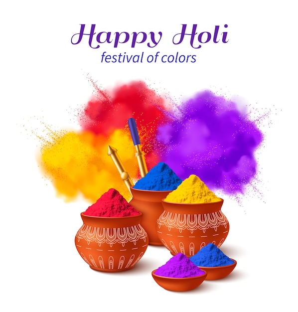 Realistische kleurrijke happy holi compositie