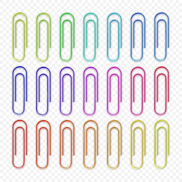 Realistische kleurrijke metalen paperclips op geruite achtergrond paginahouder binder vector illustratie