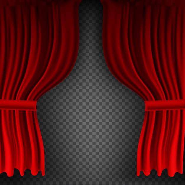 Realistische kleurrijke rood fluwelen gordijn gevouwen op een transparante achtergrond. optiegordijn thuis in de bioscoop. illustratie