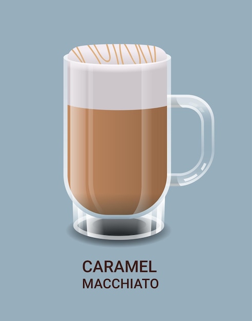 Realistische koffie in glazen beker hete karamel macchiato drinken verticale vectorillustratie