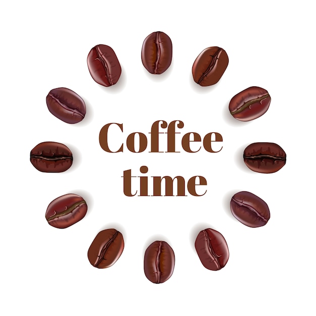 Realistische koffiebonen samenstelling en tekst Coffee Time, geïsoleerd